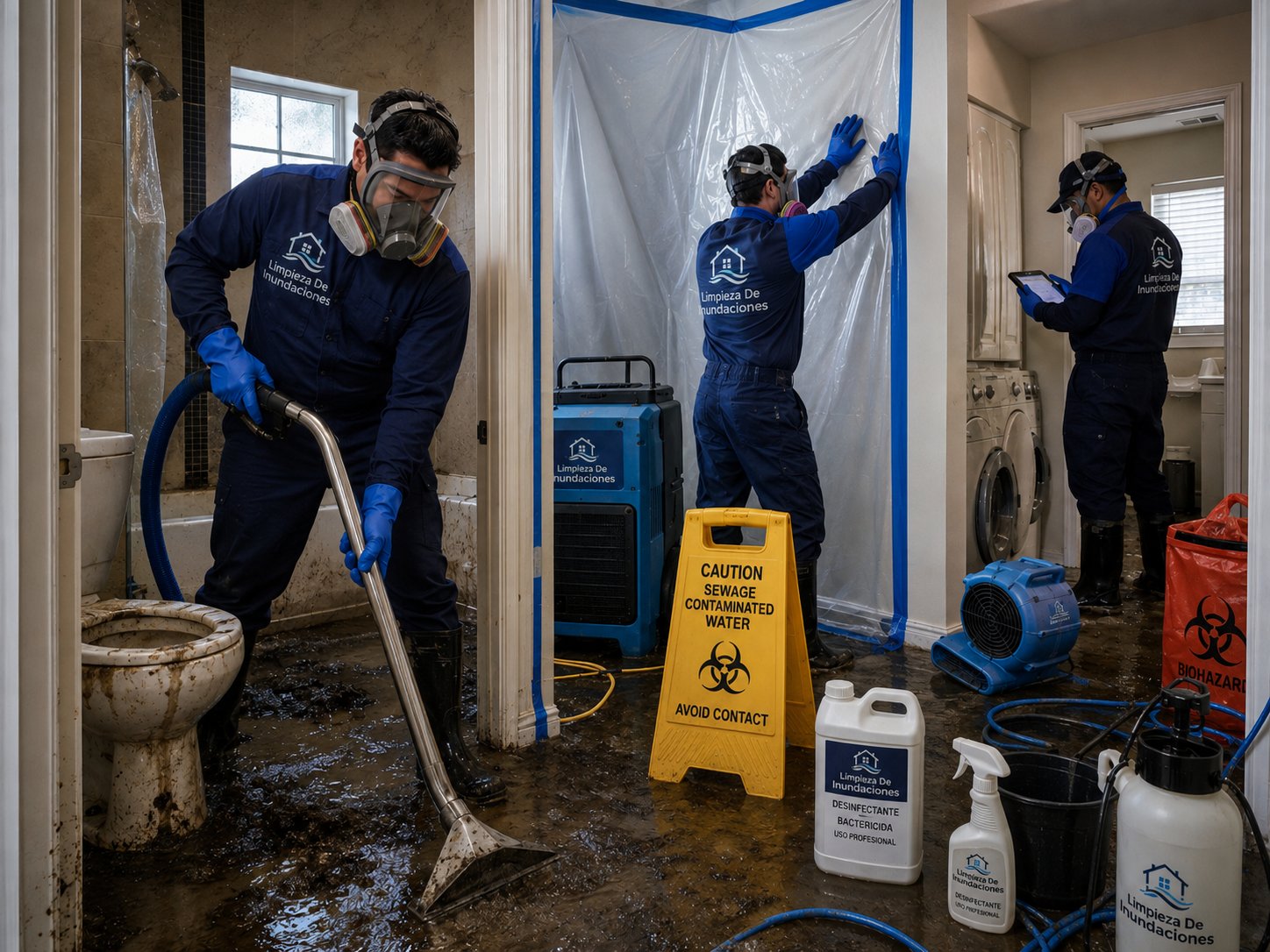 Limpieza profesional de aguas negras con equipo de protección