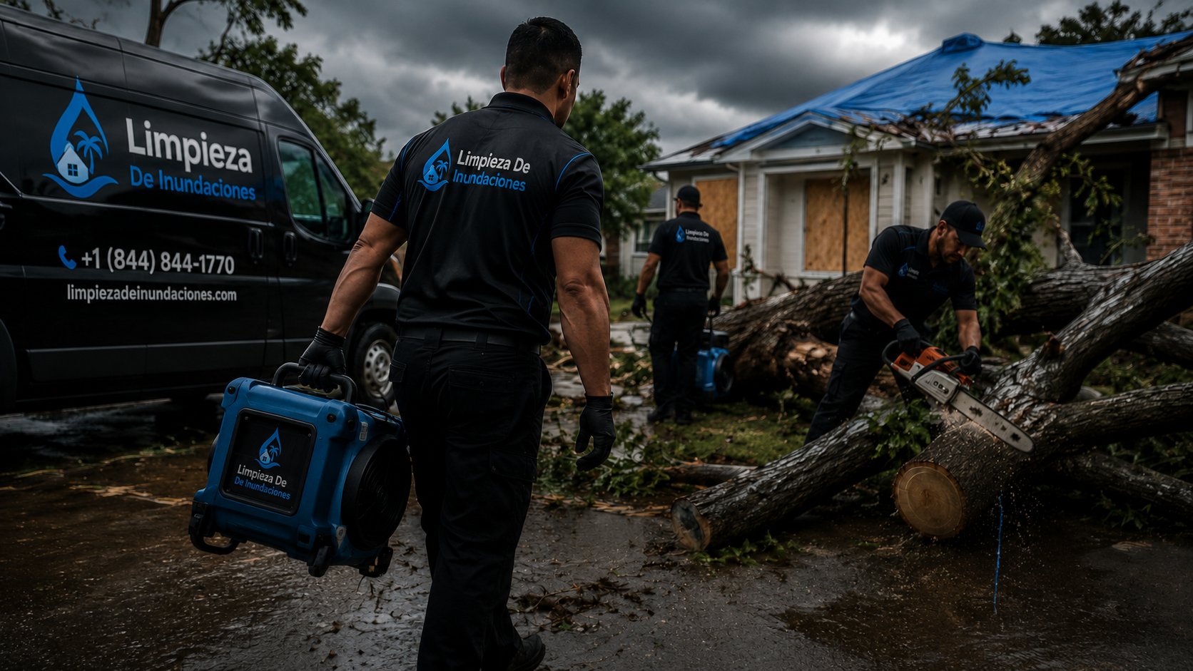 Equipo de Limpieza De Inundaciones restaurando casa dañada por tormenta